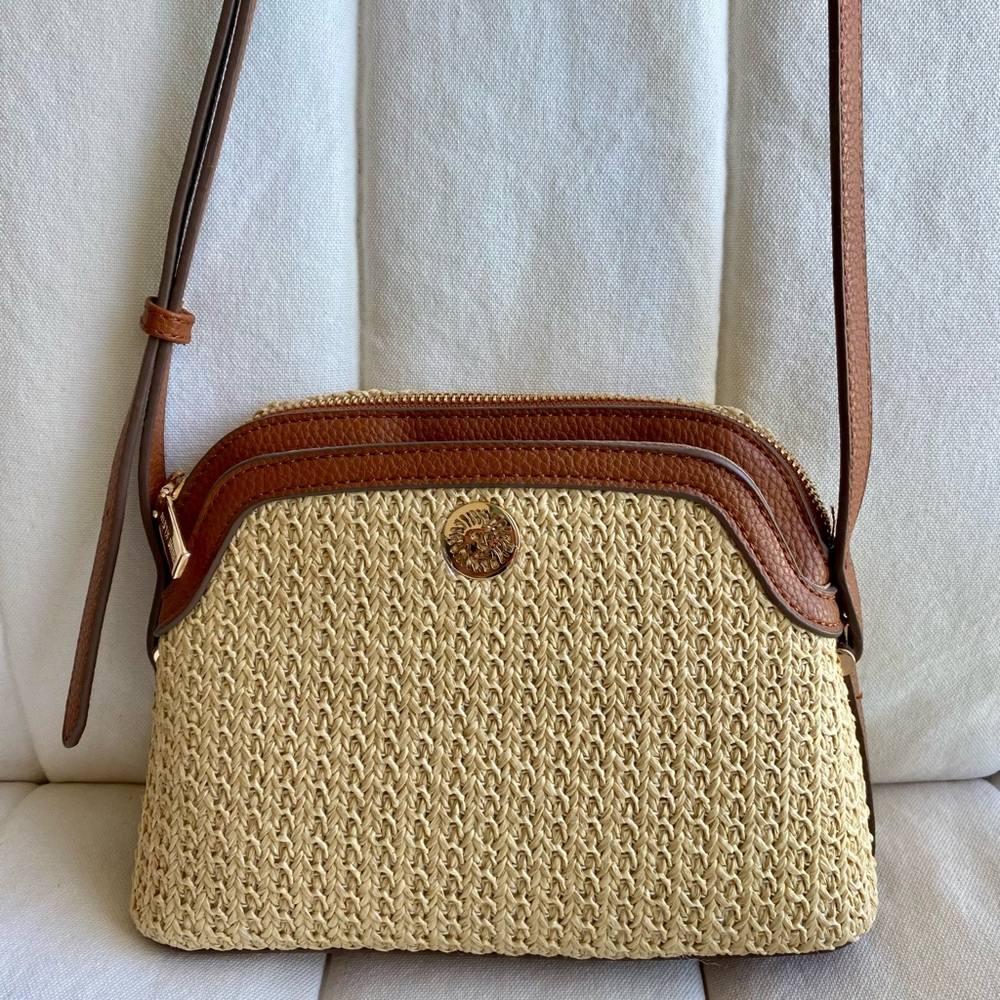 Anne Klein Brown and Tan Woven and Leather Crossbody Bag